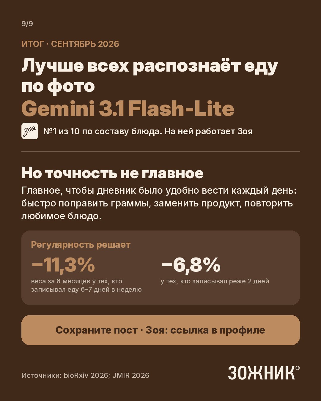 Итоговый слайд: Gemini 3.1 Flash-Lite — №1 из 10 по составу блюда, на ней работает Зоя; регулярность ведения дневника важнее точности
