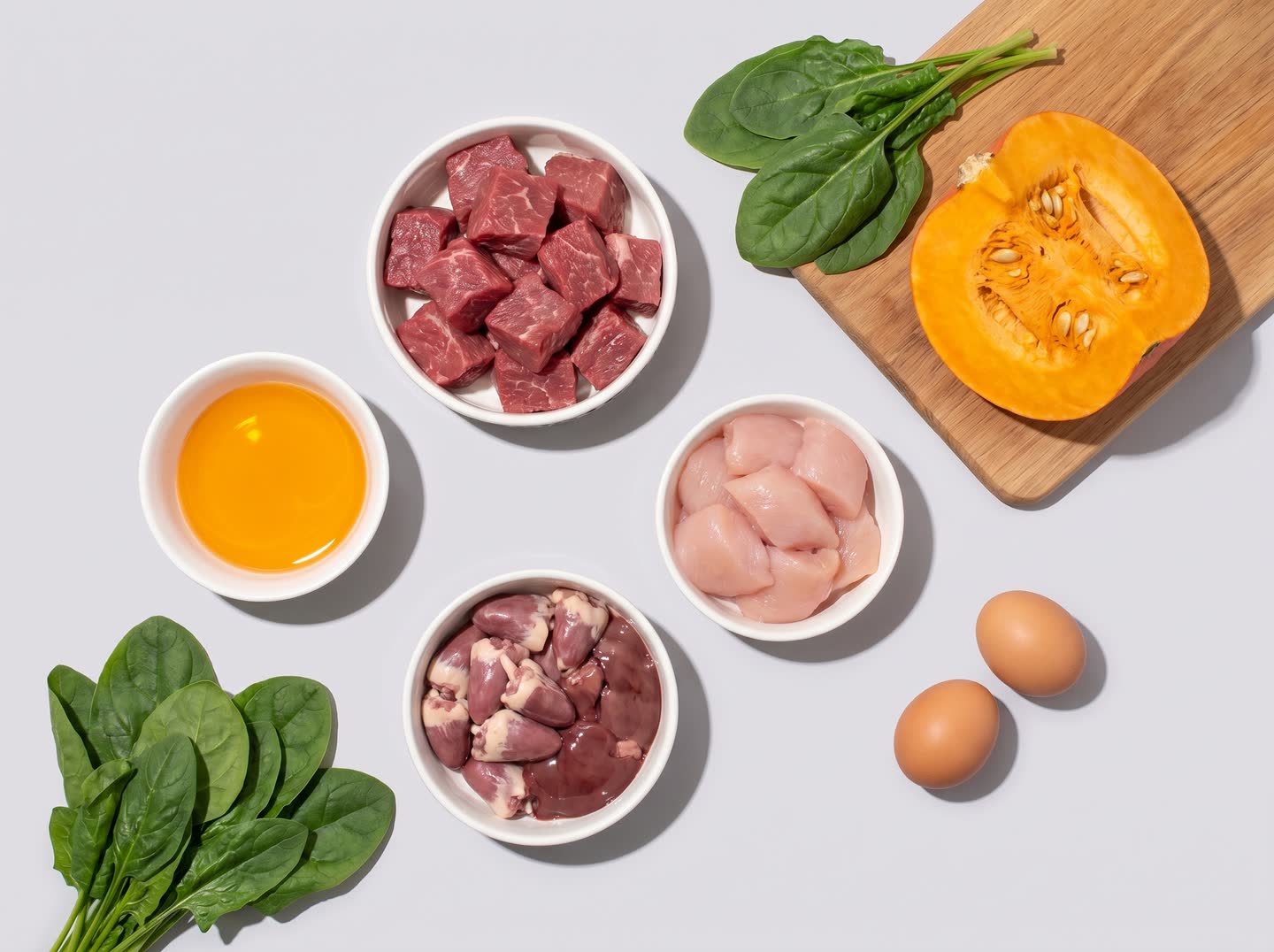 Ингредиенты сырого рациона: мясо, субпродукты, куриное филе, яйца, тыква и зелень