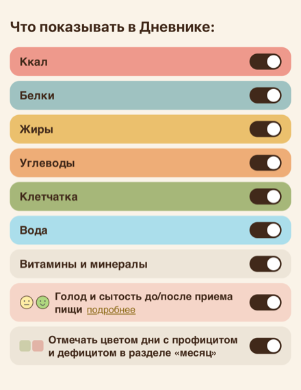 Настройки дневника в Зое: калории и БЖУ можно выключить, а шкалу голода и сытости — включить