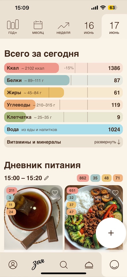Главный экран Зои: итоги дня по калориям, БЖУ и клетчатке и записи дневника с фото еды