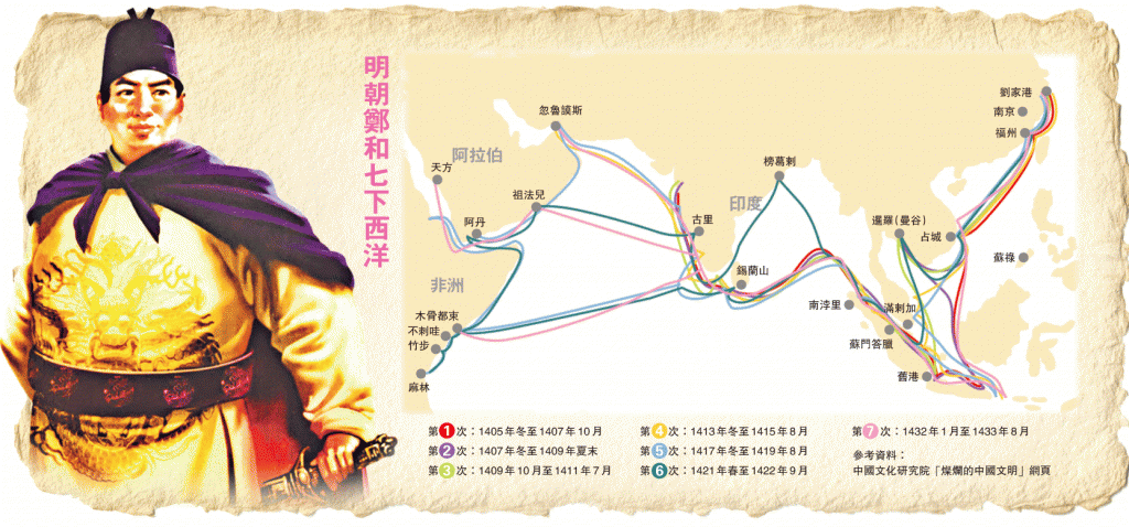 Чжэн Хэ (1371—1435) — евнух, китайский путешественник, флотоводец и дипломат, возглавлявший семь крупномасштабных морских военно-торговых экспедиций, посланных императорами Минской династии в страны Индокитая, Индостана, Аравийского полуострова и Восточной Африки.